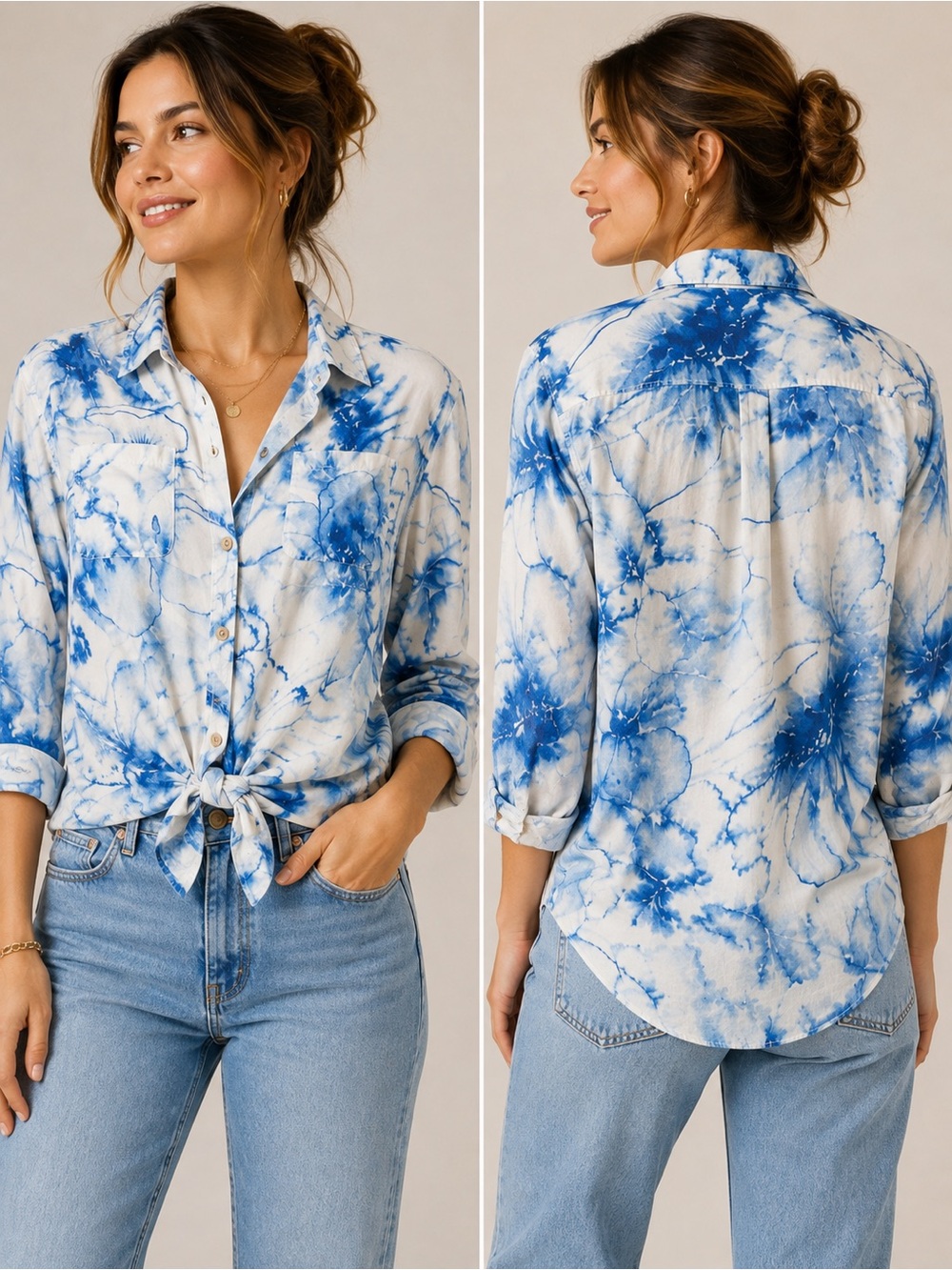 CALIA Women’s Blue White Watercolor Tie Front Button Down Shirt Est L